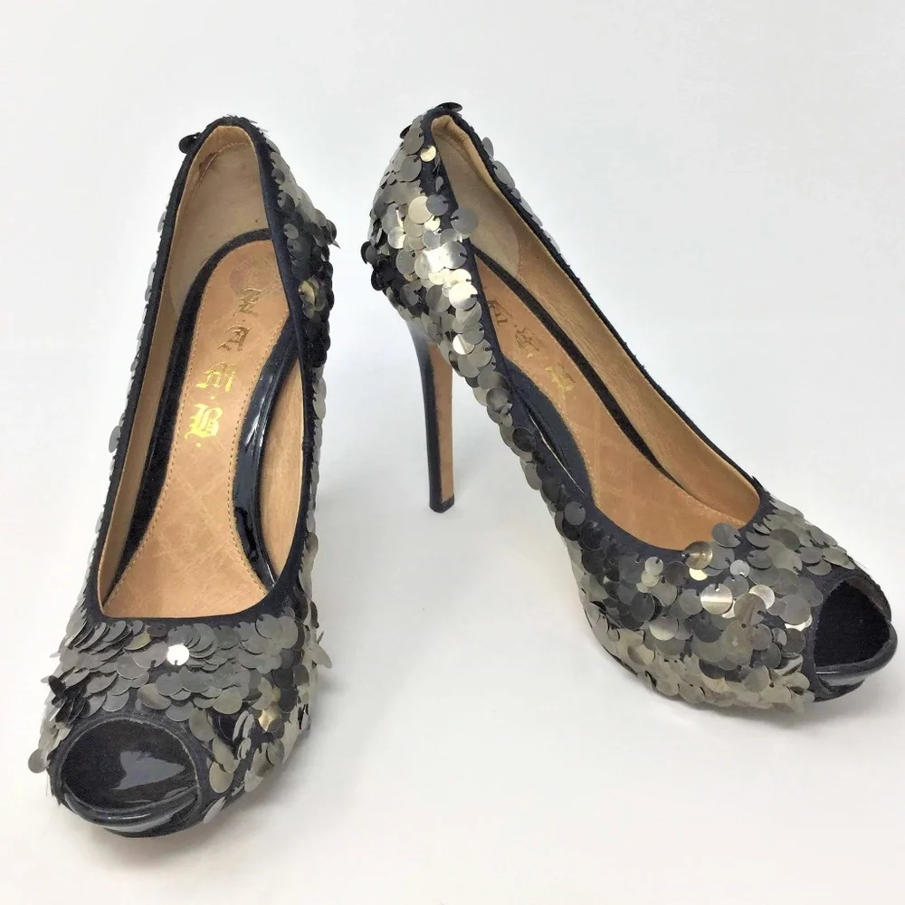 LAMB Sequin Heels Gold Peep Toe Platform Pumps 8.5